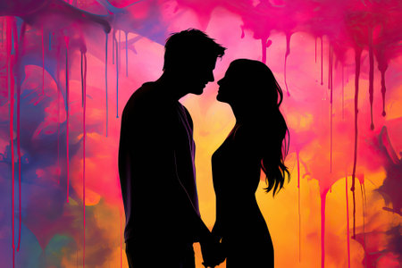 silhouette of lovers. colored backgroundの素材