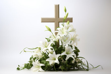 cross with lilies isolated on white backgroundの素材