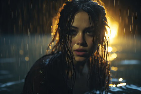 close up woman emerging from water under rain with dark hairの素材
