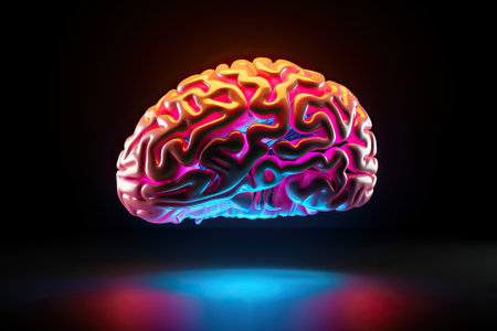 computer model of the human brain in neon light on the black backgroundの素材