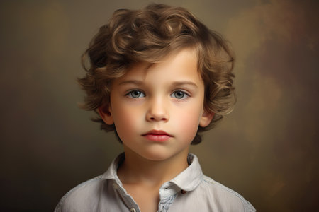 portrait of 5 years old boy on gray backgroundの素材