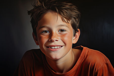 portrait of 13 years old boy teen on gray backgroundの素材