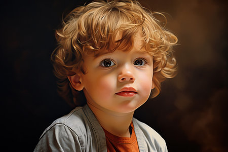 portrait of 3 years old boy on gray backgroundの素材