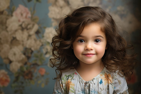 portrait of 3 years old girl on blue backgroundの素材