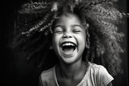 black and white portrait of little African-American smiling girlの素材