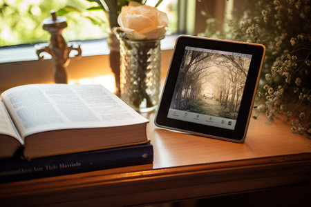 modern ebook reader and book on wooden tableの素材