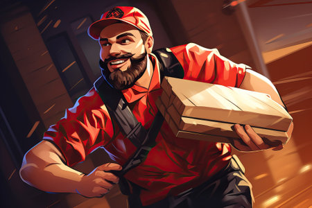 illustration of a courier with order, food delivery, boxesの素材
