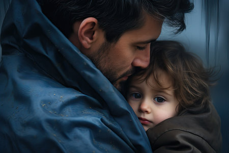 father hug his young kid. Family protection conceptの素材
