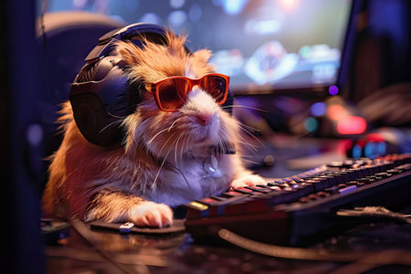 Hamster wearing sunglasses and headphones while playing on a gaming computer.の素材