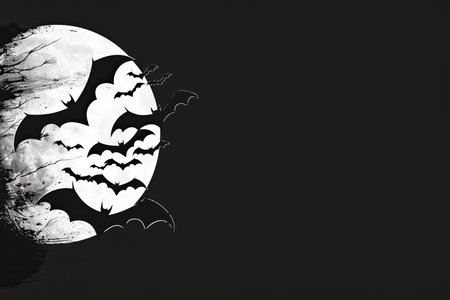 A black-and-white illustration of a swarm of bats flying across the full moon.の素材