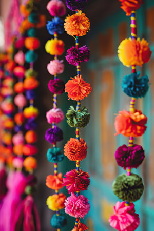 Colorful hanging pompom garlands, ideal background, copy space, and vertical use.の素材