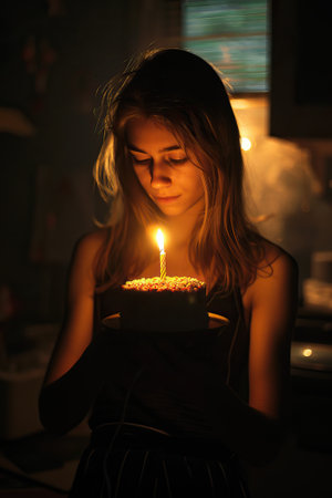 A girl holding a birthday cake with a lit candle in a dimly lit room.の素材