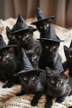 Adorable group of black kittens in witch hats sitting on a blanket, copy space.の素材