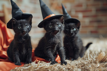Three adorable black kittens wearing witch hats, sitting on pumpkin, copy space.の素材