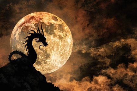 Silhouette of a dragon against a full moon on a dark, mystical night.の素材