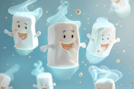 Playful marshmallow ghosts floating in air, soft blue background.の素材