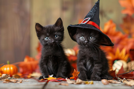 Two black kittens sitting among autumn leaves, one in witch hat, copy space.の素材
