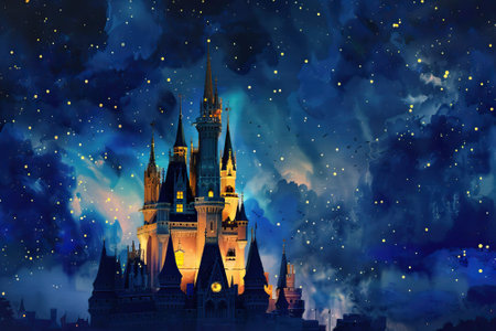 Fantasy castle under a starry night sky with glowing clouds and space for copy.の素材