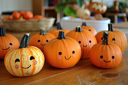 Cute pumpkins with smiling faces on a wooden table, fun and festive decoration.の素材