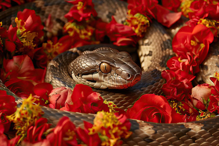 snake surrounded by vibrant red roses, creating a contrast of danger and beauty.の素材