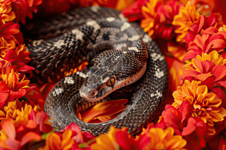 snake surrounded by vibrant red roses, creating a contrast of danger and beauty.の素材