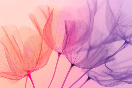 X-ray style flowers in delicate pink and purple tones with soft background.の素材