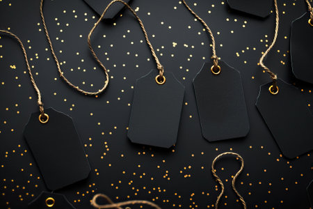 Black gift tags with golden ropes and confetti on a dark background. Black Friday concept.の素材