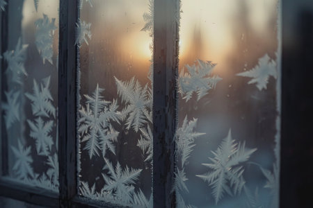 Frost-covered window with a sunset in the background, creating a cozy atmosphere.の素材