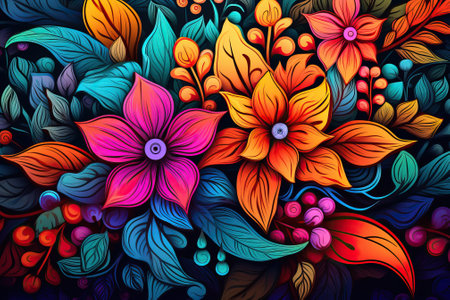 Bright and colorful abstract floral artwork with vivid flowers and lush leaves.の素材
