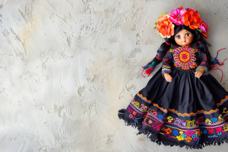 Mexican doll in traditional black dress, colorful embroidery textured background. polleraの素材