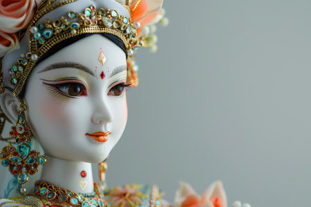 Close-up portrait of a decorative Thai doll with jeweled details and copy space.の素材