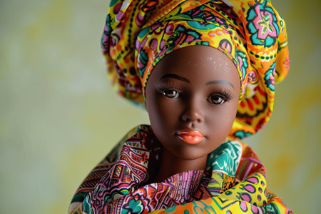Close-up portrait of a doll in traditional Nigerian gele and buba with vibrant orange tones.の素材