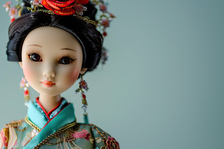 Elegant Asian, Chinese doll in traditional attire, qipao, soft blue background.の素材
