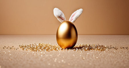 Golden Easter egg with bunny ears on glittering surface, festive Easter concept.の素材
