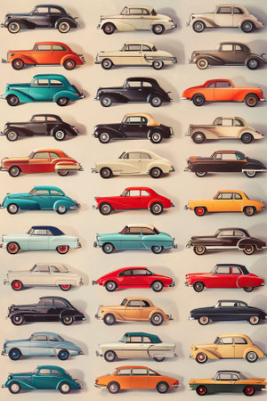 A collection of colorful vintage toy cars arranged in rows on a light background.の素材