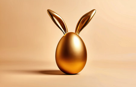 Golden Easter egg with bunny ears on beige background, festive Easter concept.の素材