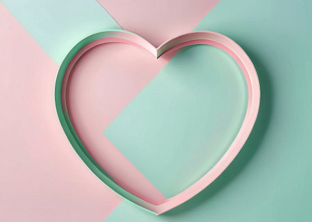 A pastel-colored heart frame on a pink and green geometric background.の素材