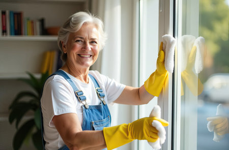 Smiling elderly woman with gray hair cleaning windows in gloves and overalls.の素材