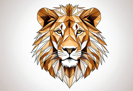 Low-poly style head of a lion, made of geometric triangles, sharp stripes.の素材