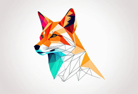 Low-poly style head of a fox, made of geometric triangles, sharp stripes.の素材