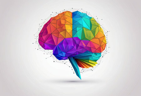 Colorful geometric low poly brain illustration white background.の素材