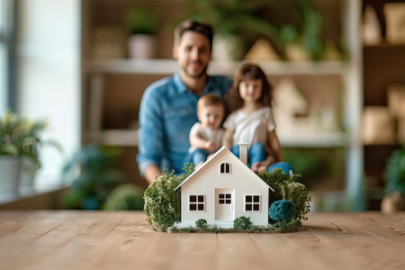 house mockup with blurred family in background, protection and insurance concept.の素材