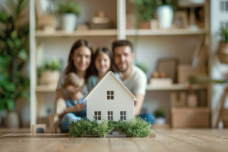 house mockup with blurred family in background, protection and insurance concept.の素材