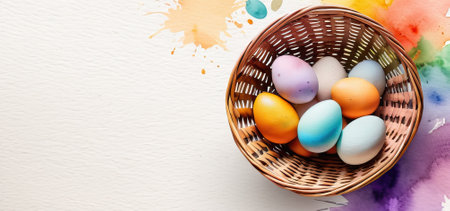 Watercolor Easter eggs in a basket with colorful splashes, top view, copy space.の素材