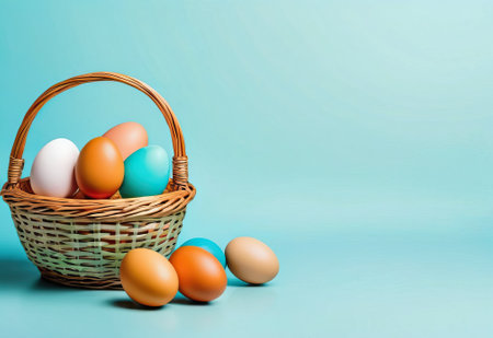 Easter eggs in basket on blue background, copy space.の素材