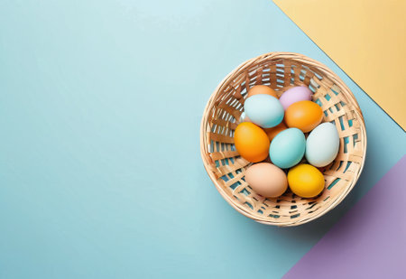 top view Easter eggs in basket on blue background, copy space.の素材