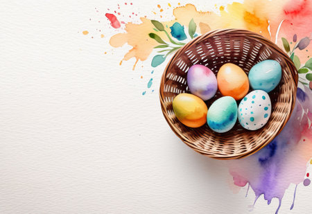 Watercolor Easter eggs in a basket with colorful splashes, top view, copy space.の素材