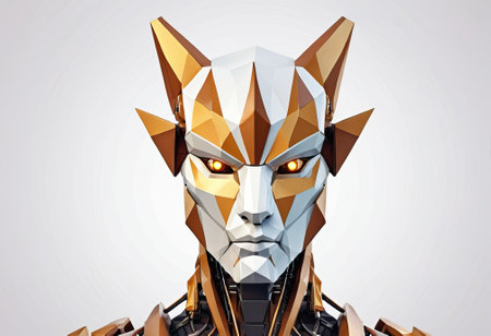 Futuristic robotic humanoid with feline features, yellow eyes, polygonal design.の素材