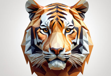 Low-poly style head of a tiger, made of geometric triangles, sharp stripes.の素材