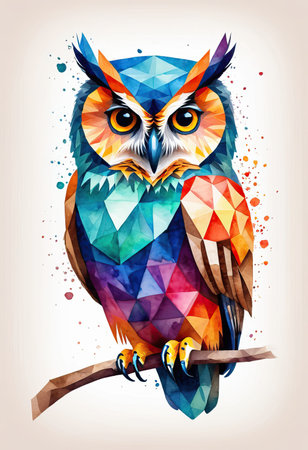 Vibrant polygonal owl illustration perched on a branch, modern geometric artwork.の素材